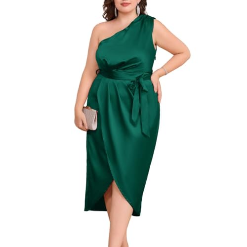 Hanna Nikole Damen Große Größen Cocktailkleid One Shoulder Ruched Bodycon Elegant Wickelkleid Partykleid Kleid Schlitz Dunkelgrün 42-44 (16W) von Hanna Nikole