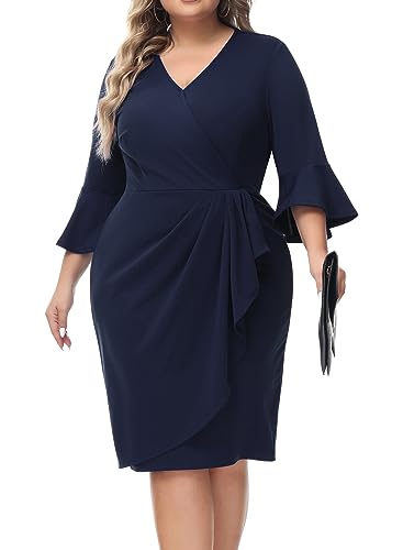 Hanna Nikole Damen Große Größen Elegant Blestiftkleid 3/4 Rüschen Cocktailkleid HIPS-Wrapped Bodyconkleid Business Abendkleid Navy Blau 48-50 von Hanna Nikole