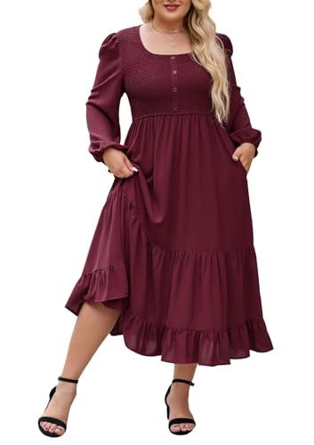 Hanna Nikole Damen Große Größen Elegantes Midikleid Langarm Square Neck Herbst 2025 Dekorative Knöpfe Kleid von Hanna Nikole