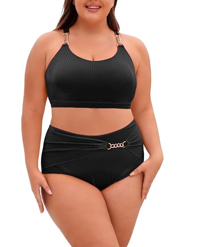 Hanna Nikole Damen Große Größen Hoher Taille Bikini Set Schwarzer Bikinioberteil Slip Mit Hoher Taille Badeanzug Bauchkontrolle Bikini-Set Schwarz 46 von Hanna Nikole