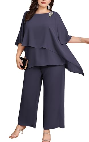 Hanna Nikole Damen Große Größen Hosenanzug Cape Sleeve Zip Rhinestones Loose Round Neck Wide Leg Pants Chiffon Comfortable Lined Festival Summer Elegant High Waist Anthrazitgrau 52 von Hanna Nikole
