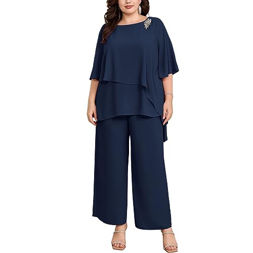 Hanna Nikole Damen Große Größen Hosenanzug Cape Sleeve Zip Rhinestones Loose Round Neck Wide Leg Pants Chiffon Comfortable Lined Festival Summer Elegant High Waist Dunkelblau 52 von Hanna Nikole