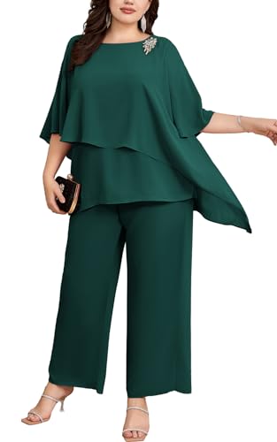 Hanna Nikole Damen Große Größen Hosenanzug Cape Sleeve Zip Rhinestones Loose Round Neck Wide Leg Pants Chiffon Comfortable Lined Festival Summer Elegant High Waist Dunkelgrün 52 von Hanna Nikole