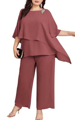 Hanna Nikole Damen Große Größen Hosenanzug Chiffon Shirt Irregular Collar Batwing Sleeves Chiffon Shirt 2 Piece Set Occasion Trousers Chiffon Shirt Dunkelrosa 50 von Hanna Nikole