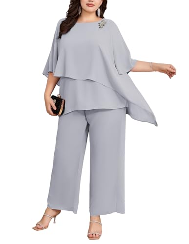 Hanna Nikole Damen Große Größen Hosenanzug Chiffon Shirt Irregular Collar Batwing Sleeves Chiffon Shirt Hellgrau 44 von Hanna Nikole