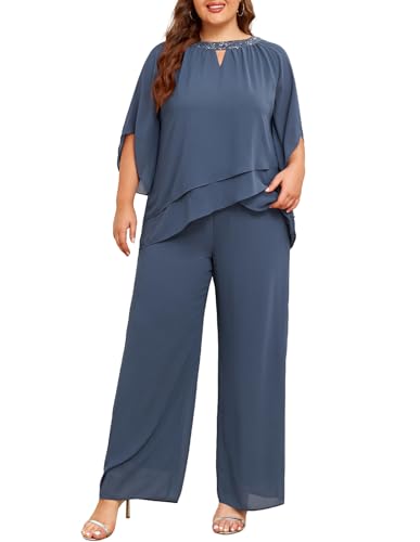 Hanna Nikole Damen Große Größen Hosenanzug Damen Festlich Elegant Damen Zweiteiler Elegant Festlich Große Größen Zweiteiler Damen Elegant Grau Blau 52 von Hanna Nikole