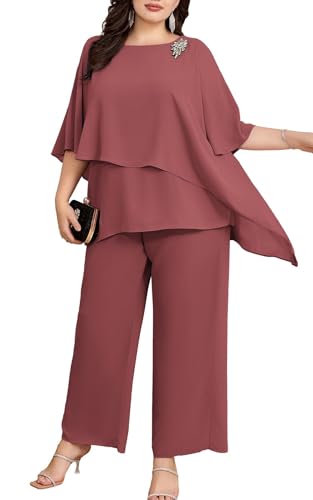 Hanna Nikole Damen Große Größen Hosenanzug Zweiteiler Fledermausärmel Cape-Ärmel Strass Lose Rundhals Chiffon Shirt Hohe Taille Elegant Hohe Taille Lange Hose Dunkelrosa 44 von Hanna Nikole