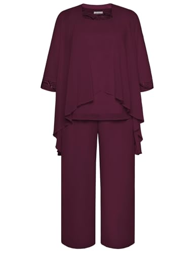 Hanna Nikole Damen Große Größen Hosenanzug Zweiteiler Rundhals Cocktailkleid für Kurzärmel Party Brautmutter Rotwein 48 von Hanna Nikole