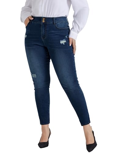 Hanna Nikole Damen Große Größen Jeans Plussize Hohe Taille Slim Soft Vintage Waschungseffekt Navy blau 54 von Hanna Nikole