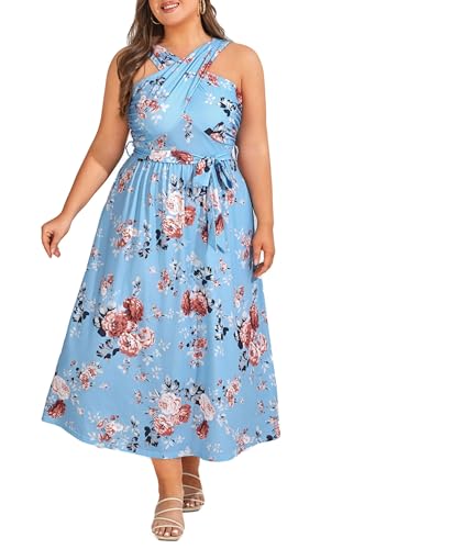 Hanna Nikole Damen Plus Size Blumig A-Linie V-Ausschnitt Neckholder-Kleid Elegant Geblümt von Hanna Nikole