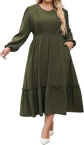 Hanna Nikole Damen Große Größen Lange Kleider V-Ausschnitt Elastische Taille A-Linien Casual Maxikleid Mit Taschen Armeegrün 52 von Hanna Nikole