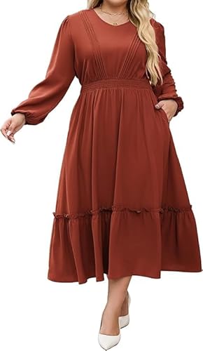 Hanna Nikole Damen Große Größen Lange Kleider V-Ausschnitt Elastische Taille A-Linien Casual Maxikleid Mit Taschen Datum Rot 48 von Hanna Nikole