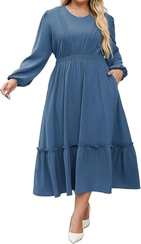 Hanna Nikole Damen Große Größen Lange Kleider V-Ausschnitt Elastische Taille A-Linien Casual Maxikleid Mit Taschen Graublau 52 von Hanna Nikole