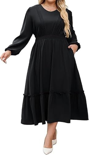 Hanna Nikole Damen Große Größen Lange Kleider V-Ausschnitt Elastische Taille A-Linien Casual Maxikleid Mit Taschen Schwarz 48 von Hanna Nikole