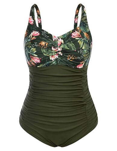 Hanna Nikole Damen Große Größen Monokinis Strandmode Ärmellos Stylischer Einteilige Swimsuit Olivgrüne Blume 44 von Hanna Nikole
