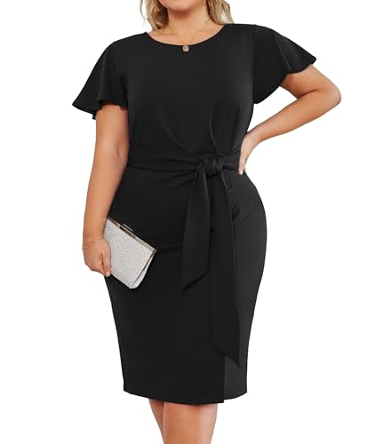 Hanna Nikole Damen Große Größen Party Kleid Lässiges Kleid Rüschenärmeln Rundhals Kleid mit Schlitz Vorne Links von Hanna Nikole