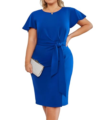 Hanna Nikole Damen Große Größen Party Kleid Lässiges Kleid Rüschenärmeln Rundhals Kleid mit Schlitz Vorne Links von Hanna Nikole