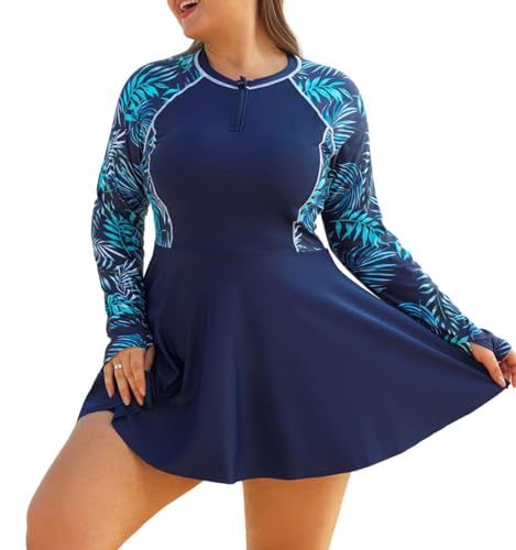 Hanna Nikole Damen Große Größen Rash Guard Long Sleeve Rüschen Zwei Stück Badeanzug mit Daumenlöchern und Shorts von Hanna Nikole