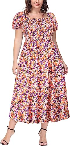 Hanna Nikole Damen Große Größen Sommerkleid Kurzarm Casual Blumendruck Kleider Strandkleider Sexy Schlitz Midikleid Freizeitkleid mit Taschen 42-44 von Hanna Nikole