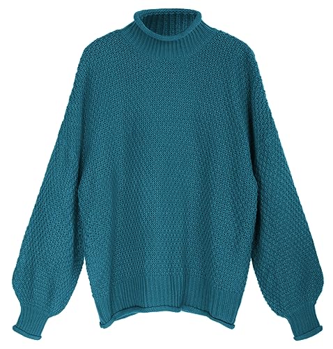 Hanna Nikole Damen Große Größen Strickpulli Einfarbig Grobstrick Warm Winterpullover Lose Freizeit Sweater Rollkragen Langarm Elegant Pullover Pfauenblau 56 von Hanna Nikole