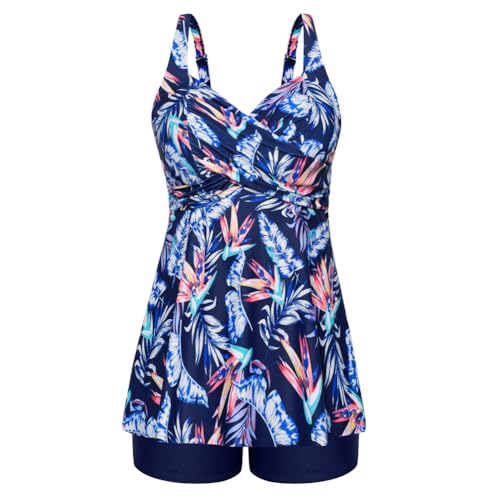 Hanna Nikole Damen Große Größen Tankini Set Bauchweg Hoher Taille Badeanzüge Marineblaue Blume 46 von Hanna Nikole