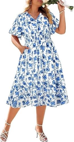 Hanna Nikole Damen Große Größen V-Ausschnitt Freizeitkleid A Linien Kleide Rüschen Ärmel Kleider Elastische Taille Knielang Dress Mit Taschen Blaue Blumen 46 von Hanna Nikole