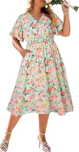 Hanna Nikole Damen Große Größen V-Ausschnitt Freizeitkleid A Linien Kleide Rüschen Ärmel Kleider Elastische Taille Knielang Dress Mit Taschen Grün gefärbte Blüten 46 von Hanna Nikole