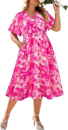 Hanna Nikole Damen Große Größen V-Ausschnitt Freizeitkleid A Linien Kleide Rüschen Ärmel Kleider Elastische Taille Knielang Dress Mit Taschen Rote Blumen 46 von Hanna Nikole