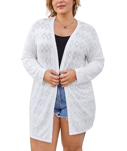 Hanna Nikole Damen Große Größen V Ausschnitt Langarm Badeanzug Cardigan Lässiger Strickjacke mit Hohlstruktur von Hanna Nikole