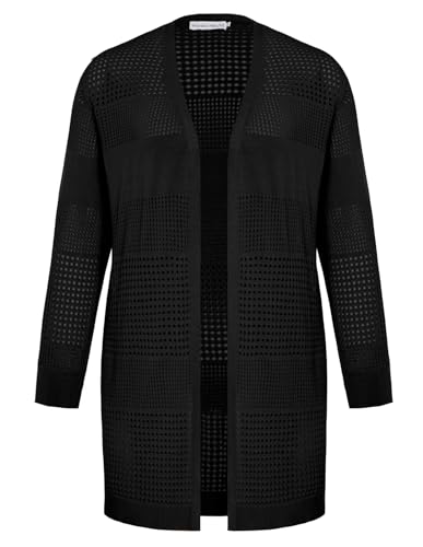 Hanna Nikole Damen Große Größen V Ausschnitt Mittellanger Langarm Badeanzug Cardigan Lässiger Strickjacke mit Hohlstruktur Schwarz von Hanna Nikole