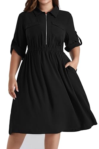 Hanna Nikole Damen Große Größen V-Ausschnitt Revers A Linien Freizeitkleid Verstellbare 3/4 Ärmel Midikleide Elastische Taille Kurz Midikleide Mit Taschen Black 46 von Hanna Nikole