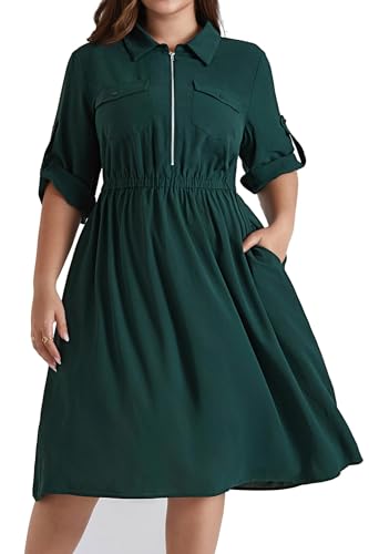 Hanna Nikole Damen Große Größen Verstellbare 3/4 Ärmel A Linien Midikleider V-Ausschnitt Revers A Linien Sommerkleider Elastische Taille Casual Kleider Mit Taschen Dark Green 52 von Hanna Nikole