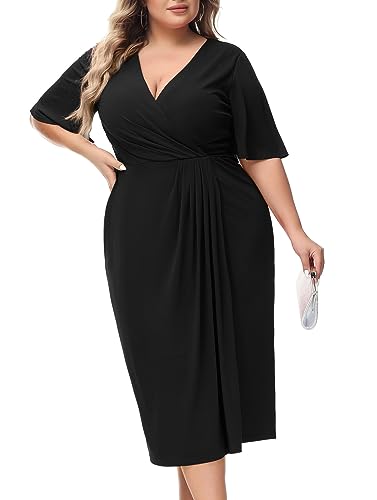 Hanna Nikole Damen Große Größen Vintage Elegante V-Ausschnitt Kurzarm Casual Wickelkleid Abendkleid Schwarz 44-46 von Hanna Nikole