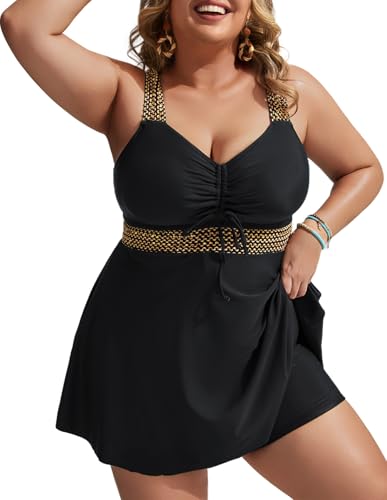Hanna Nikole Damen Hohe Taille A-Linie Bademode Tankini Wickel Swimsuit mit Schwimmshortsfür Mollige Schwarz 48 von Hanna Nikole