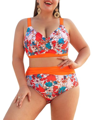 Hanna Nikole Damen Hoher Swimsuit Große Größe Zweiteilig Badeanzug Bauchweg Orangene Blume 42 von Hanna Nikole