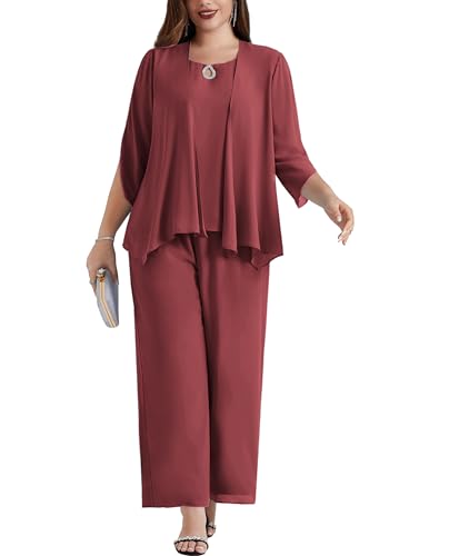 Hanna Nikole Damen Hosenanzug Abendanzug Sets Chiffon Damen Set Elegant Hosenanzug Bluse + Weites Bein Hose Sommer Herbst Outfit Casual Jujuberot 48 von Hanna Nikole