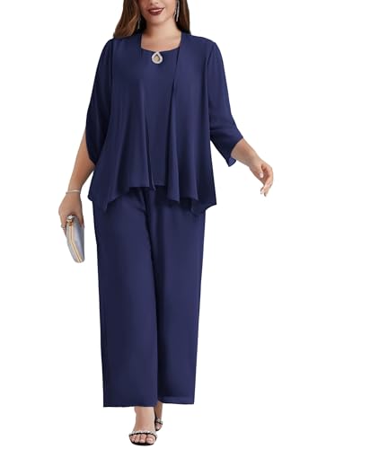 Hanna Nikole Damen Hosenanzug Abendanzug Sets Chiffon Damen Set Elegant Hosenanzug Bluse + Weites Bein Hose Sommer Herbst Outfit Casual Schwarz 54 von Hanna Nikole