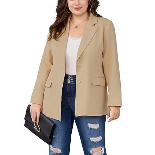 Hanna Nikole Damen Large Size Festlich Blazer Formelle Anlässe Casual Anzüge Blazer Damen Sportlich XXL Blazer Damen Beige Blazer Damen Sommer Große Größen 44-46 Khaki von Hanna Nikole