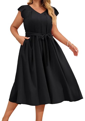 Hanna Nikole Damen Leinenimitat Kleid Große Größe Langes Freizeitkleider Rüschenärmel A-Linie Festliches Kleid Schwarz 50 von Hanna Nikole