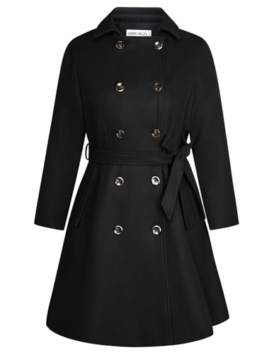 Hanna Nikole Damen-Mäntel Große Größen Zweireihiger Wollmantel mit Taschen Gürtel Langarm Mittellanger Trenchcoat Schwarz 52 von Hanna Nikole