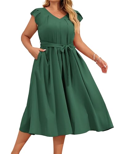 Hanna Nikole Damen Midi-Kleid Kurze Ärmel Verstellbarer Hüftgurt Boho Langes Kleid mit Taschen A-Linie Kleider Freizeitkleid mit Taschen Dunkelgrün 50 von Hanna Nikole