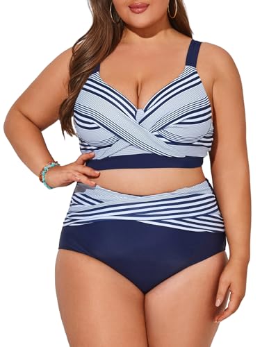 Hanna Nikole Damen Push Up Bikinis Große Größe Bauchkontrolle Elastische Strandkleid Marineblaue Streifen 42 von Hanna Nikole