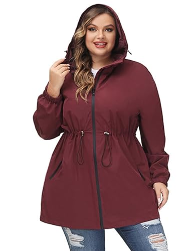 Hanna Nikole Damen Regenjacke Große Größe Outdoorjacke Wasserdicht Übergangsjacke mit Kapuze Weinrot 46 von Hanna Nikole