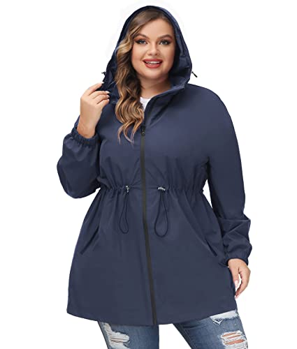 Hanna Nikole Damen Regenjacke Outdoor Wasserdicht Leicht Mantel Female Windjacke mit Kapuze Taschen Navy Blau 46 von Hanna Nikole