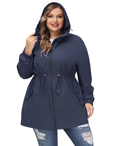 Hanna Nikole Damen Regenjacke Wasserdicht Regenmantel Leichte Jacke Outdoorjacke Windbreaker Übergangsjacke mit Kapuze Navy Blau 56 von Hanna Nikole