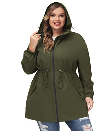 Hanna Nikole Damen Regenjacke mit Kapuze Regenmantel Übergangsjacke Kapuzenjacke Windbreaker Outdoor Wasserdicht Jacke Armeegrün 52 von Hanna Nikole