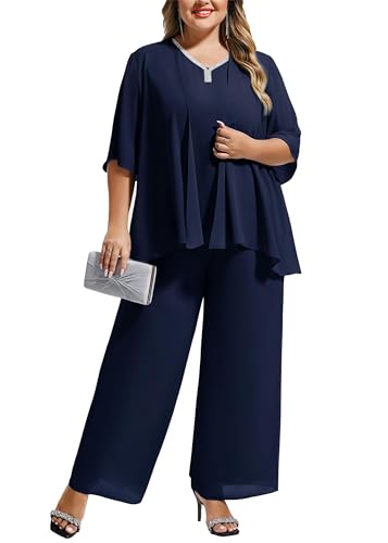 Hanna Nikole Damen-Reiseanzug in Übergröße leicht 2025 Sommer neu einfarbig elegant 3-teiliges Set Oberteil, Strickjacke, Freizeithose Marineblau 50 von Hanna Nikole