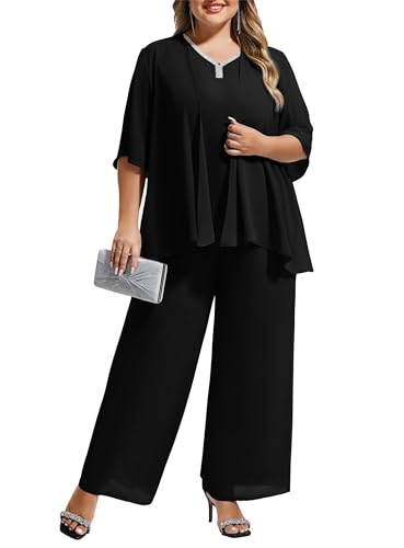 Hanna Nikole Damen-Reiseanzug in Übergröße leicht 2025 Sommer neu einfarbig elegant 3-teiliges Set Oberteil, Strickjacke, Freizeithose Schwarz 50 von Hanna Nikole