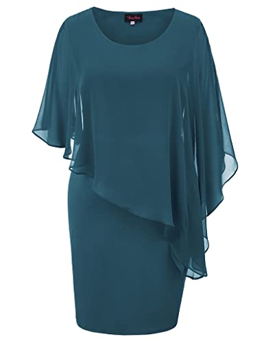 Hanna Nikole Damen Schöne Hüftkleid Cape Festkleid mit Chiffon Overlay Pfauenblau XXL Übergröße von Hanna Nikole