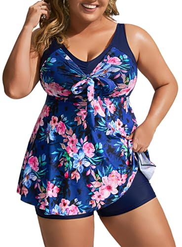 Hanna Nikole Damen Tankini Set Zweiteilig Badeanzug Hotpants Badeanzug mit Zwei Trägern Marineblau Floral 46 Große Größen von Hanna Nikole